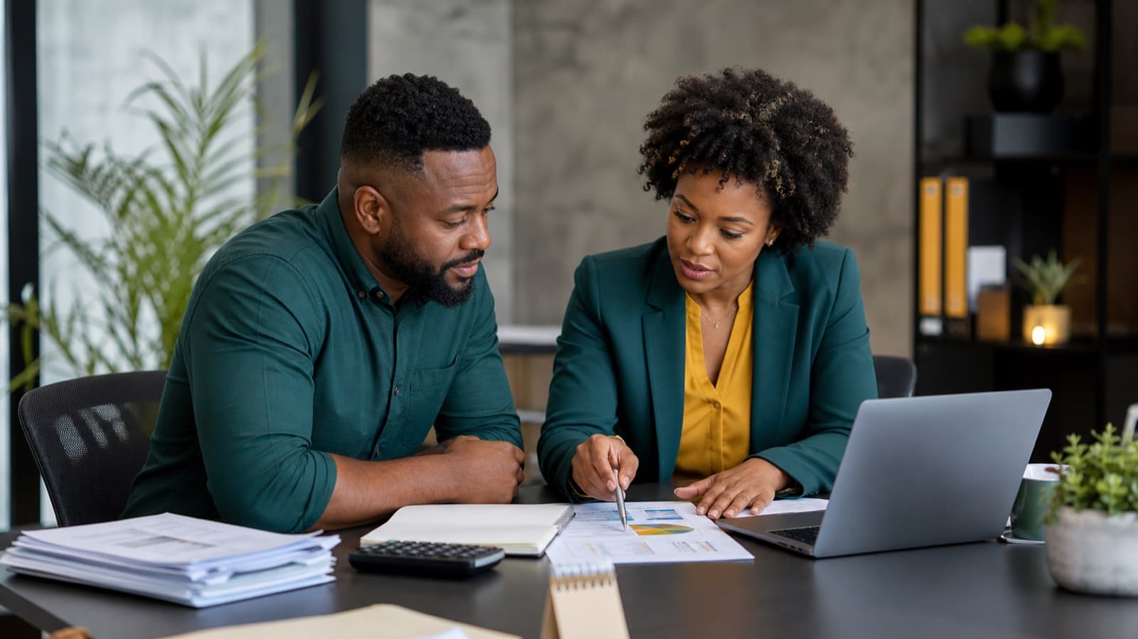 South African business owner and accountant reviewing a provisional tax estimate