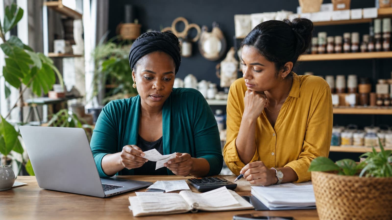 Small-business owner and accountant assessing VAT records and stock